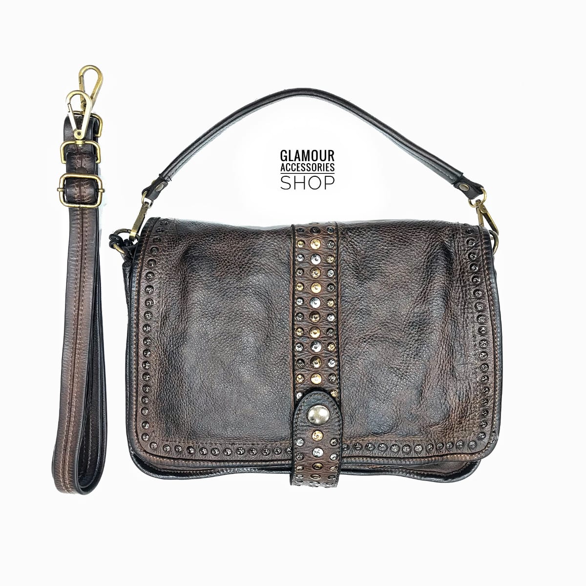Borsa donna patta borchiata Bayside vera pelle vintage MADE IN ITALY maxi Elody 2 - immagine 8