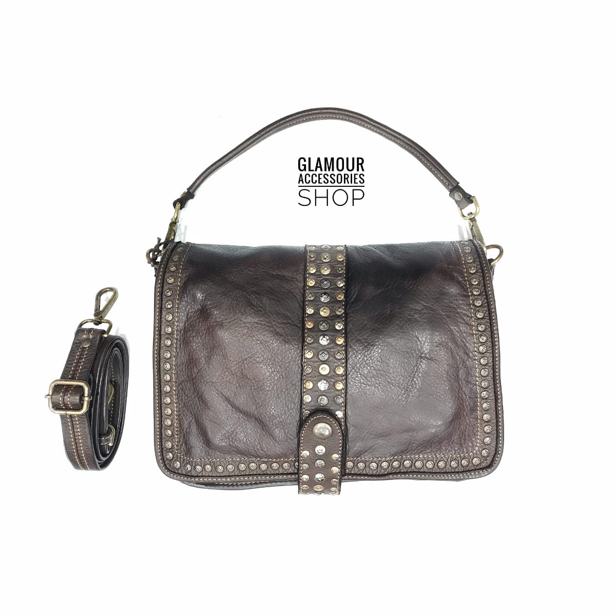 Borsa donna patta borchiata Bayside vera pelle vintage MADE IN ITALY maxi Elody 2 - immagine 9