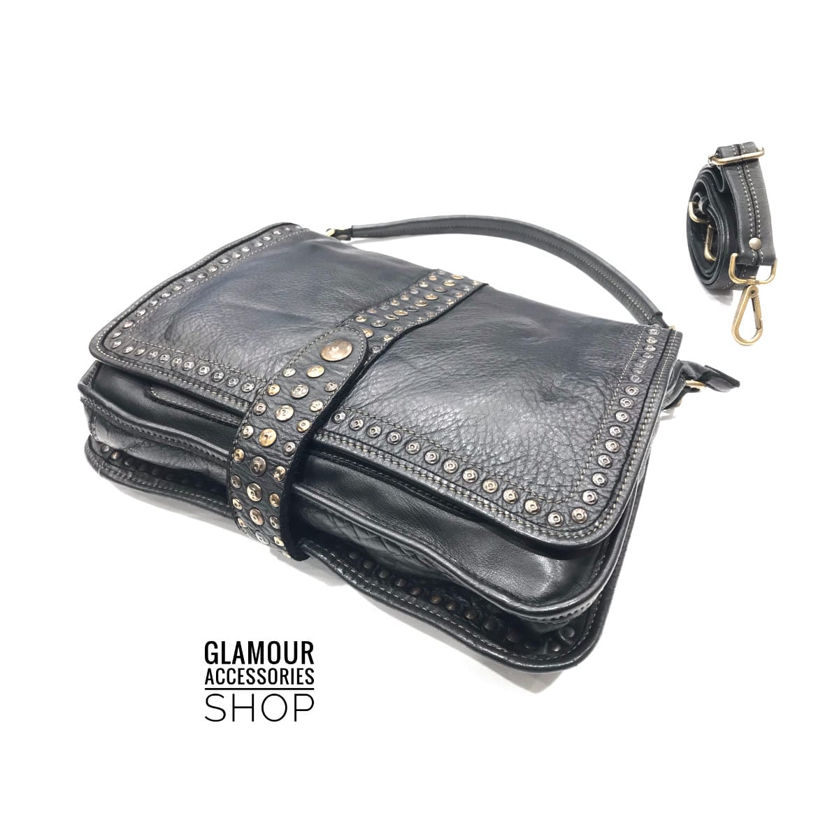 Borsa donna patta borchiata Bayside vera pelle vintage MADE IN ITALY maxi Elody 2 - immagine 10