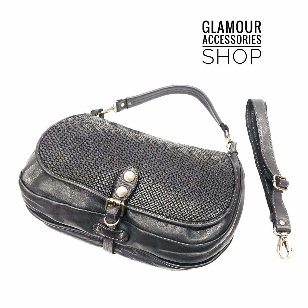 Borsa donna tracolla maxi vera pelle patta intrecciata MADE IN ITALY