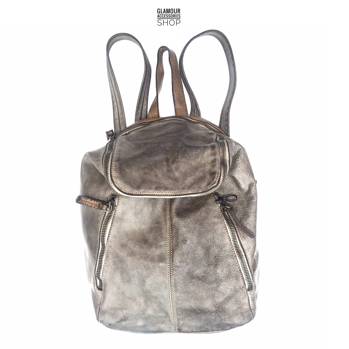 Zaino uomo donna vera pelle effetto vinatge lavato 5 zip made in Italy taupe rock