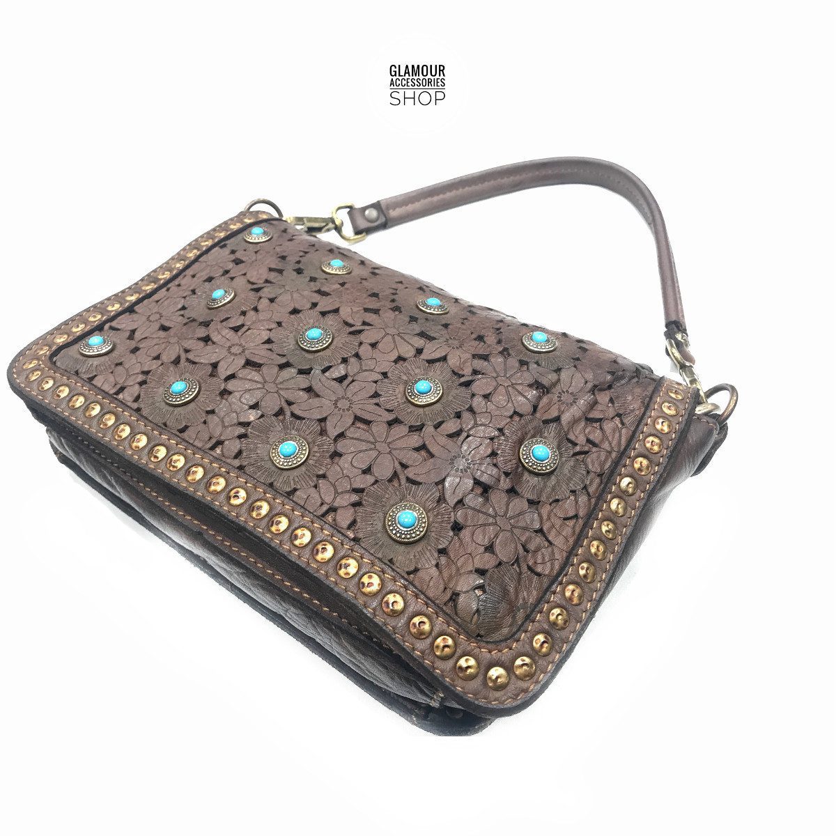 Borsa MADE IN ITALY donna patta frontale pelle laserata borchiata con turchese Camilla - immagine 6