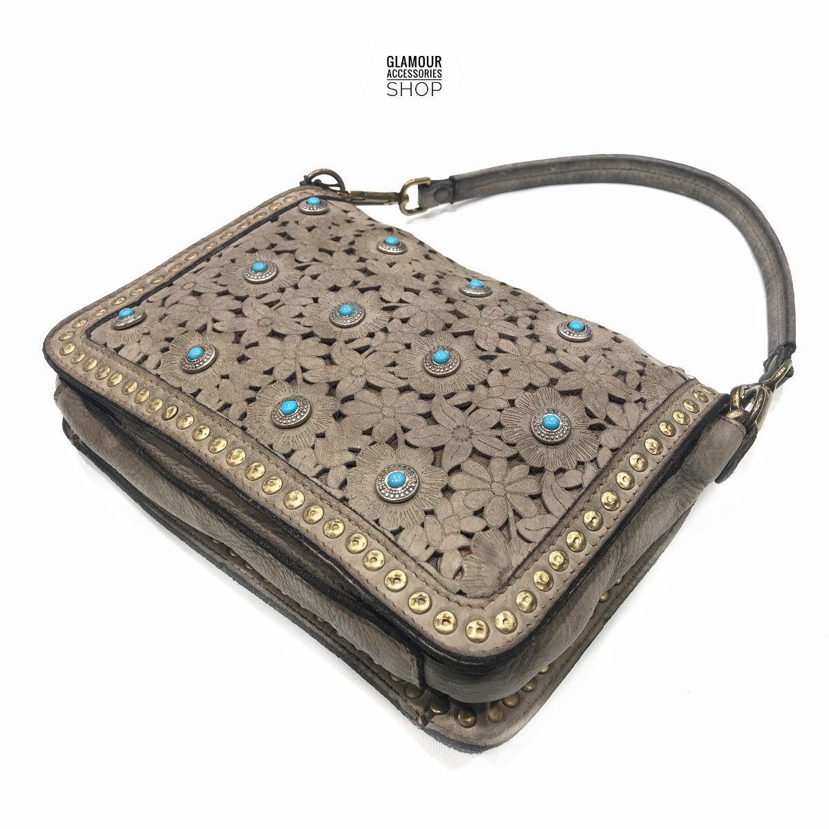 Borsa MADE IN ITALY donna patta frontale pelle laserata borchiata con turchese Camilla - immagine 5