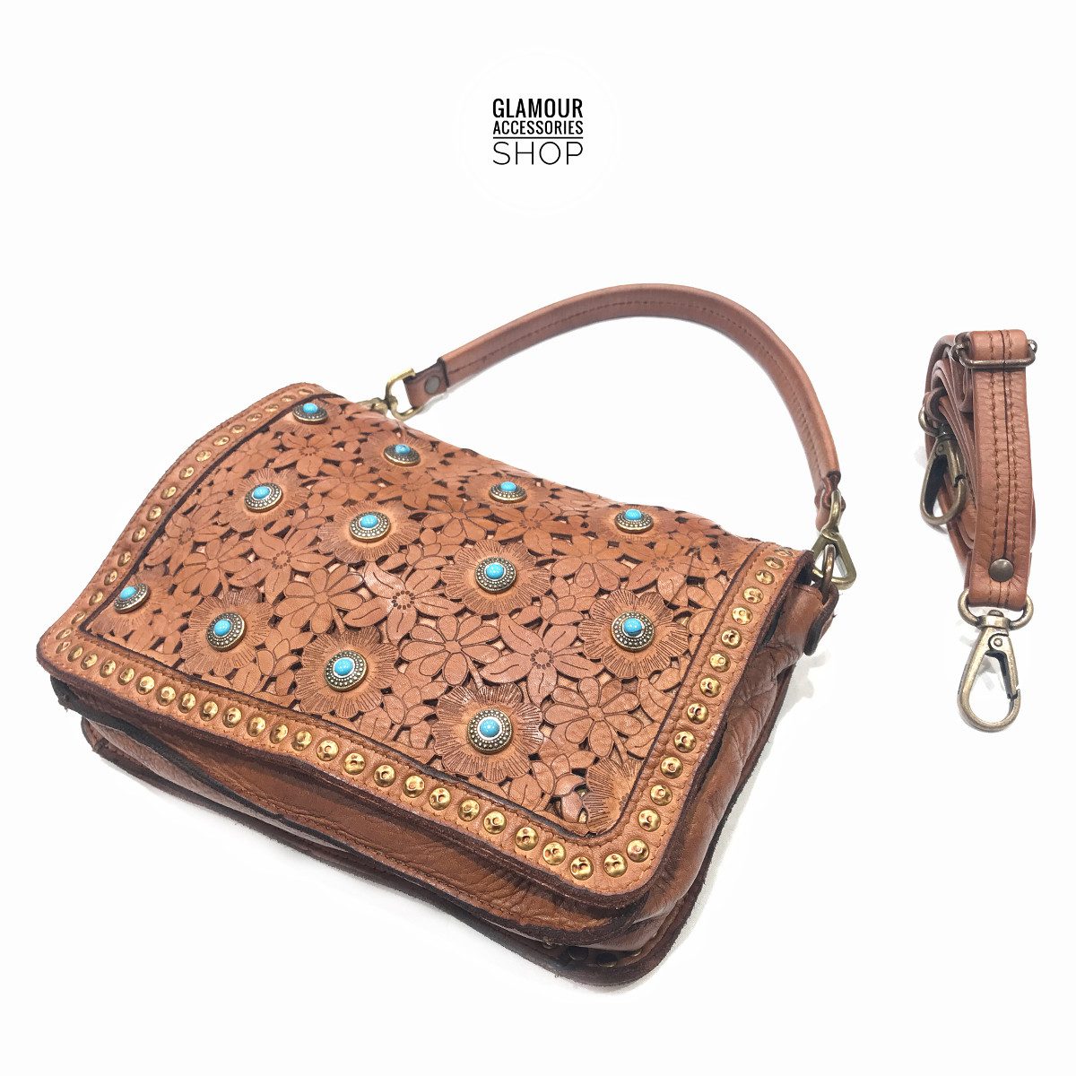 Borsa MADE IN ITALY donna patta frontale pelle laserata borchiata con turchese Camilla - immagine 2