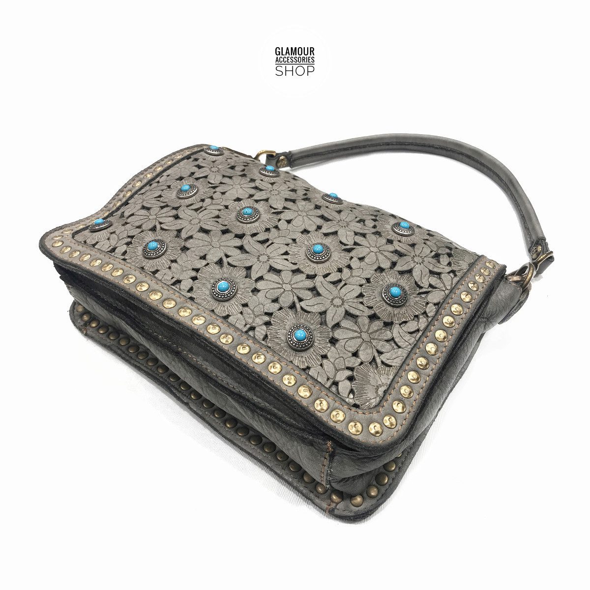 Borsa MADE IN ITALY donna patta frontale pelle laserata borchiata con turchese Camilla - immagine 7