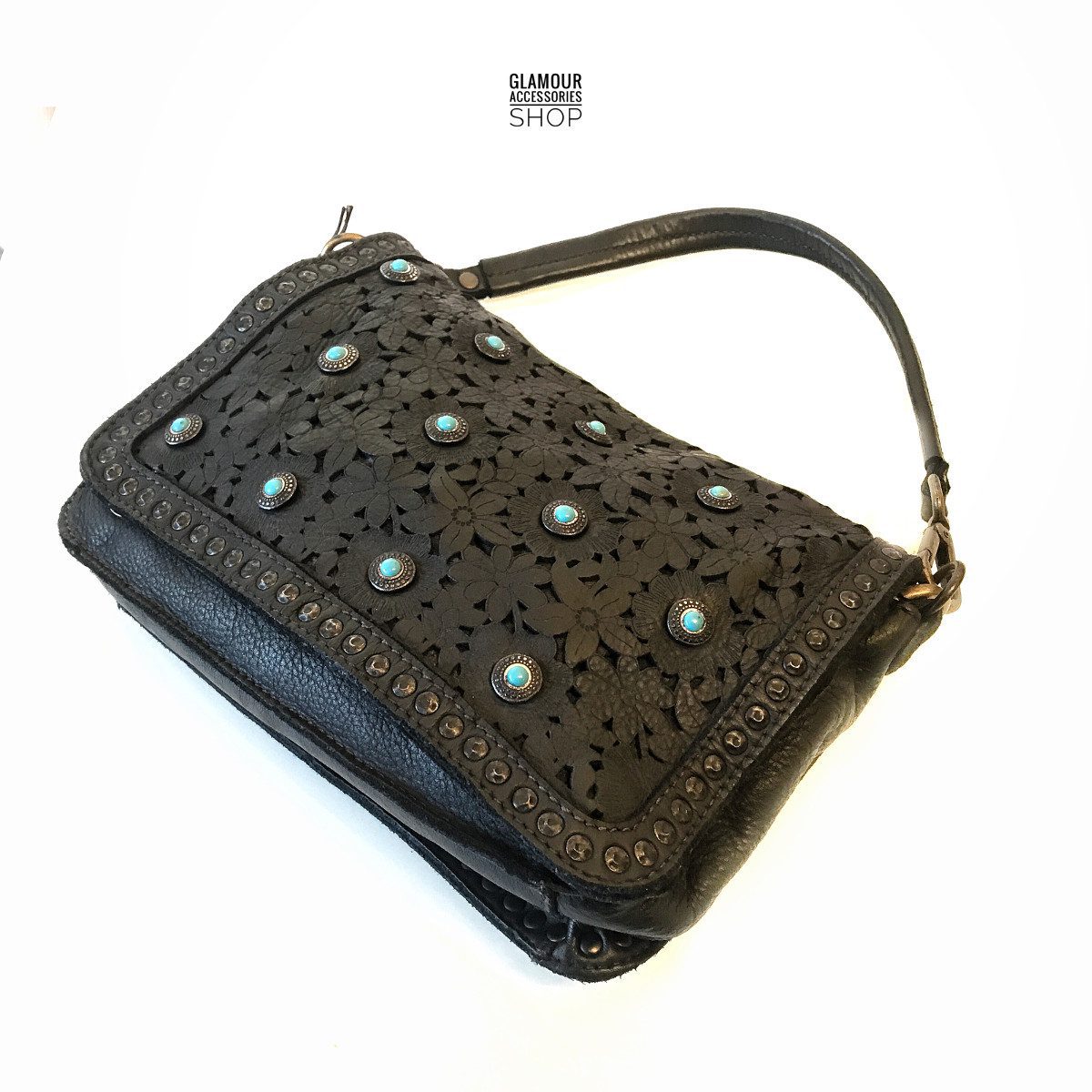 Borsa MADE IN ITALY donna patta frontale pelle laserata borchiata con turchese Camilla - immagine 8