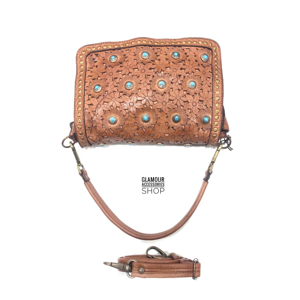 Borsa MADE IN ITALY donna patta frontale pelle laserata borchiata con turchese Camilla - immagine 3