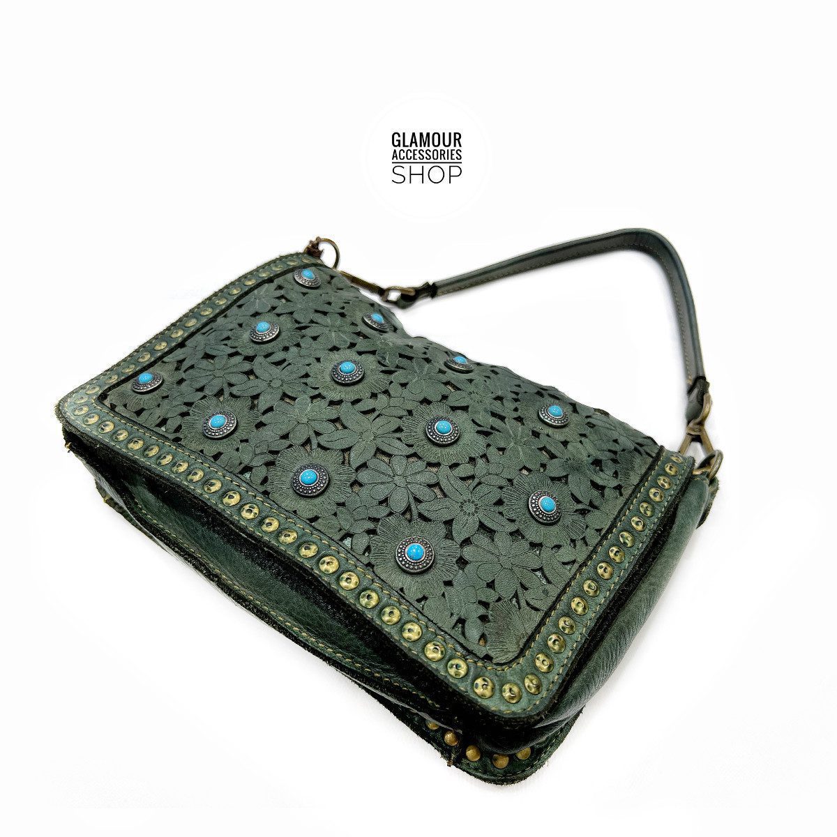 Borsa MADE IN ITALY donna patta frontale pelle laserata borchiata con turchese Camilla - immagine 9
