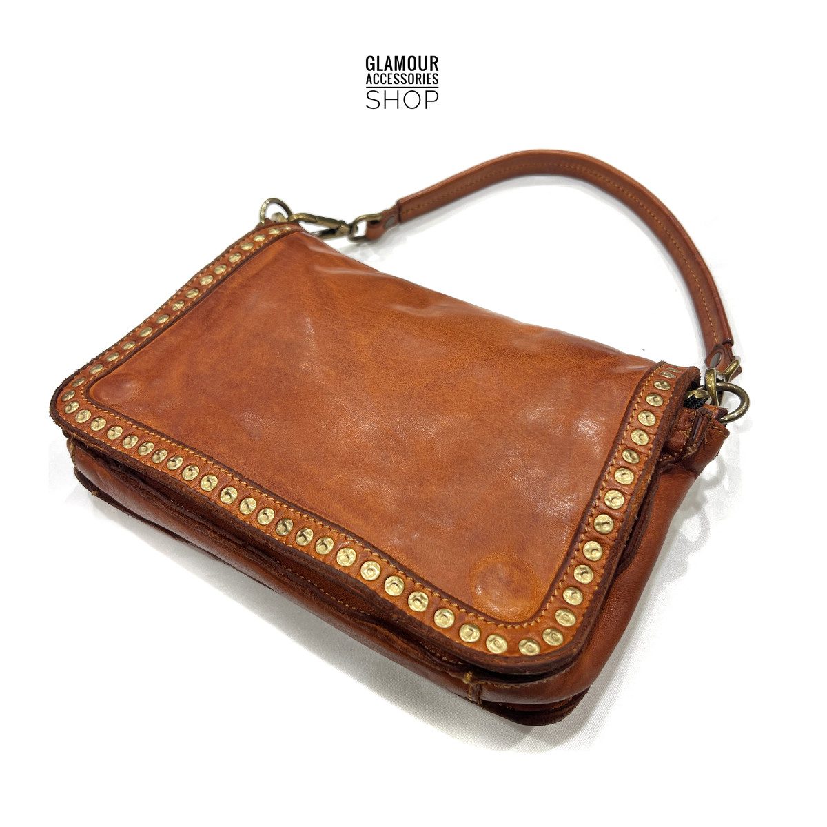 Borsa donna vera pelle cuoio vintage patta frontale con bordo borchiato MADE IN ITALY VALLY - immagine 8