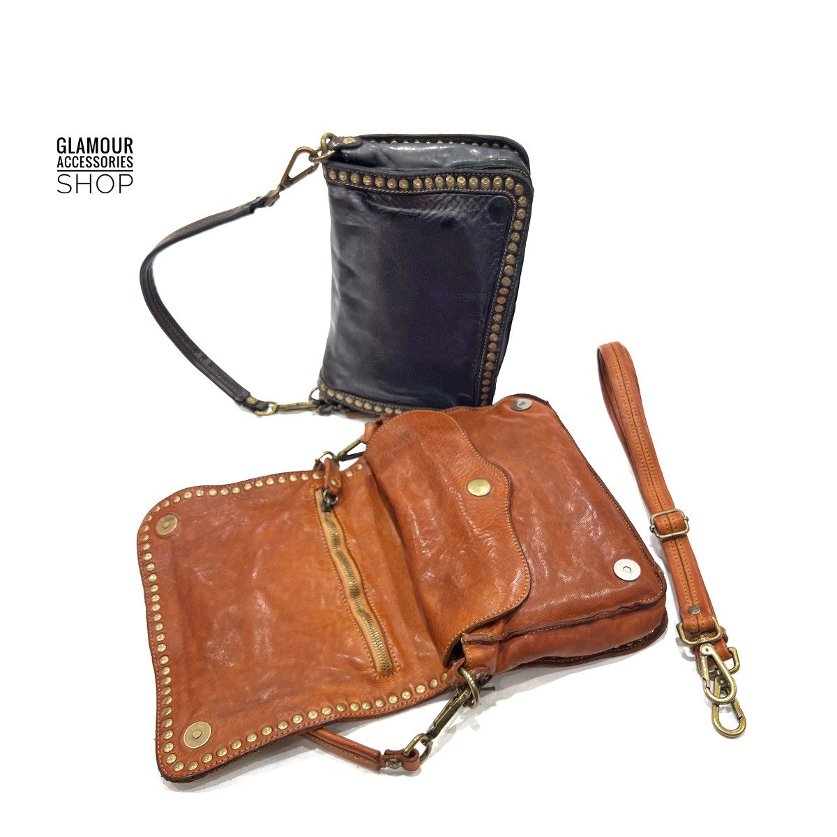 Borsa donna vera pelle cuoio vintage patta frontale con bordo borchiato MADE IN ITALY VALLY - immagine 4