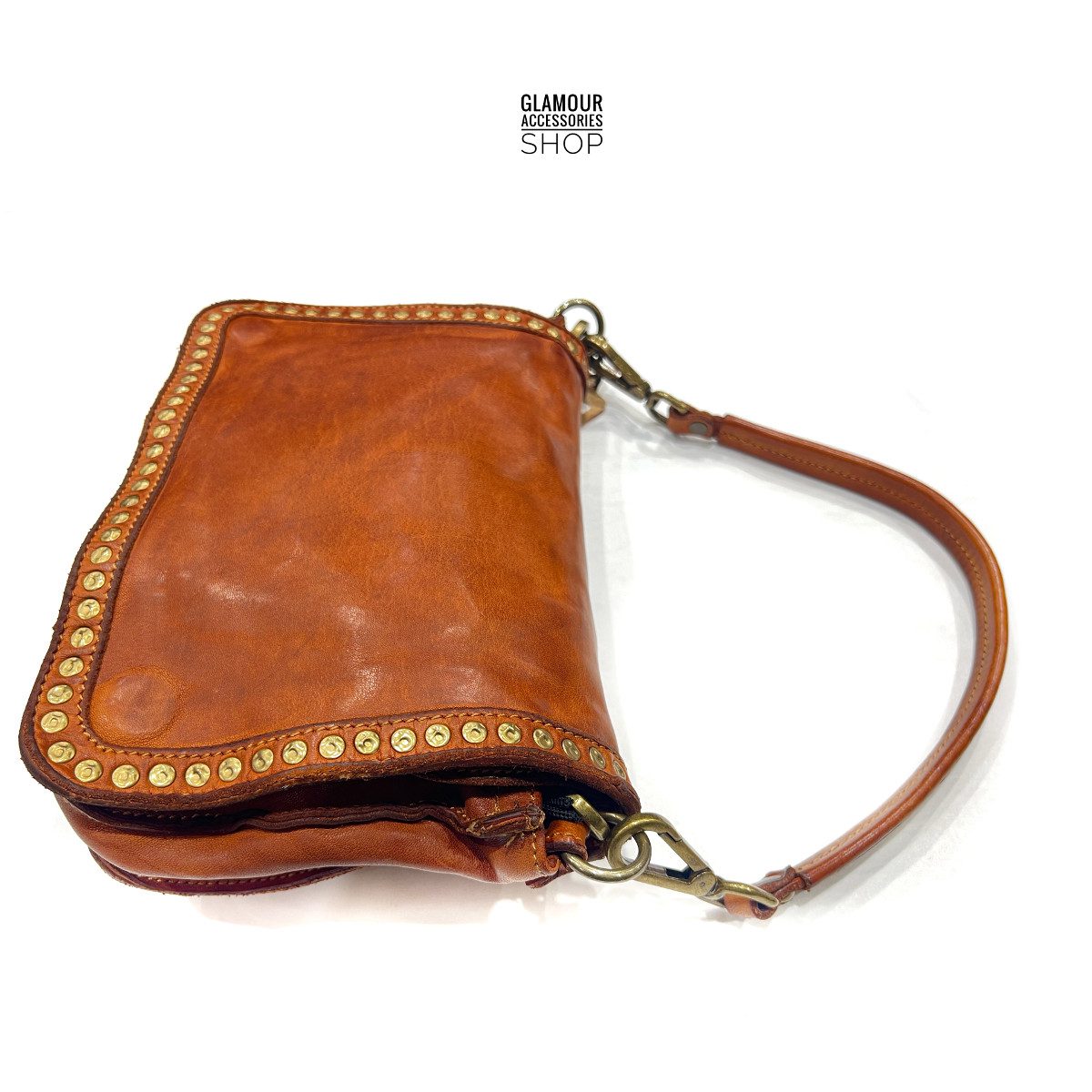 Borsa donna vera pelle cuoio vintage patta frontale con bordo borchiato MADE IN ITALY VALLY - immagine 7