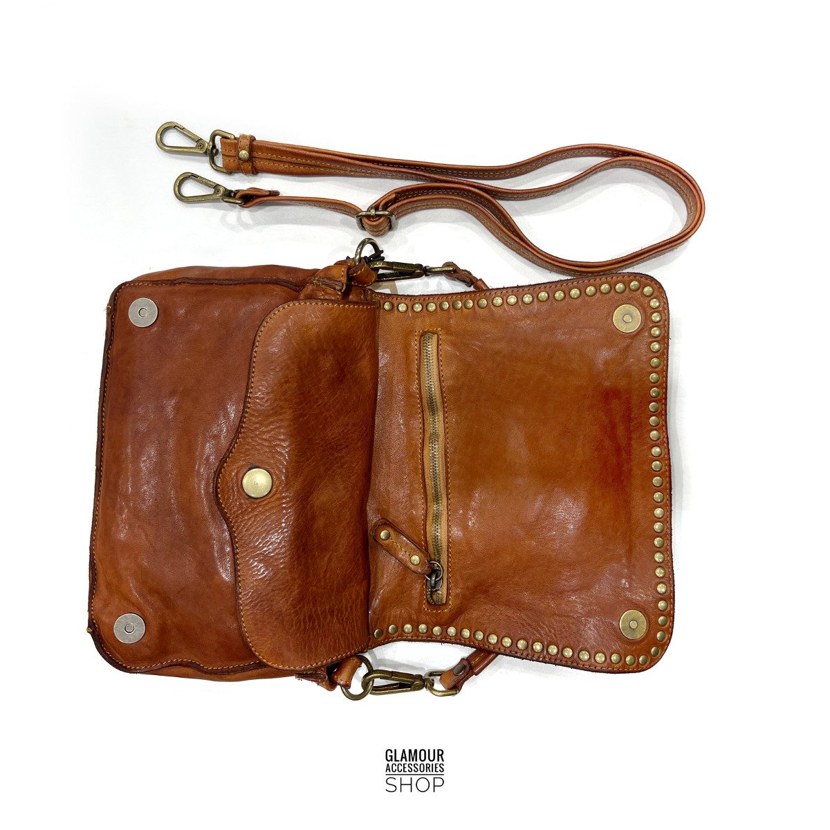 Borsa donna vera pelle cuoio vintage patta frontale con bordo borchiato MADE IN ITALY VALLY - immagine 3