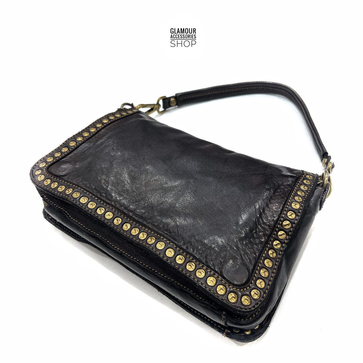 Borsa donna vera pelle cuoio vintage patta frontale con bordo borchiato MADE IN ITALY VALLY - immagine 6