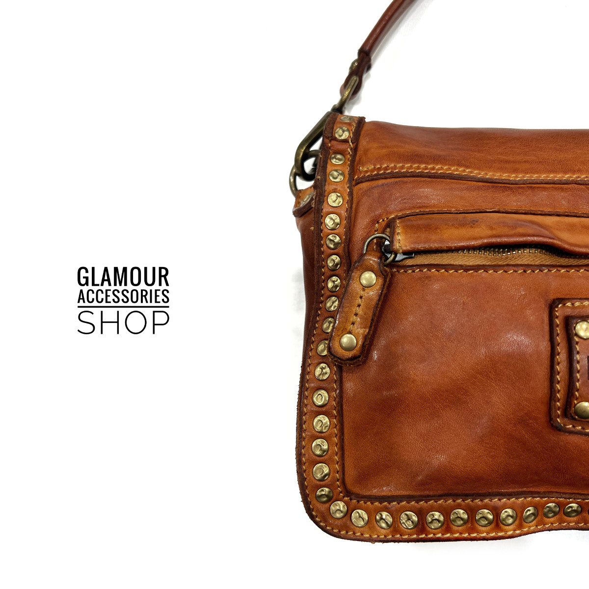 Borsa donna vera pelle cuoio vintage patta frontale con bordo borchiato MADE IN ITALY VALLY - immagine 5