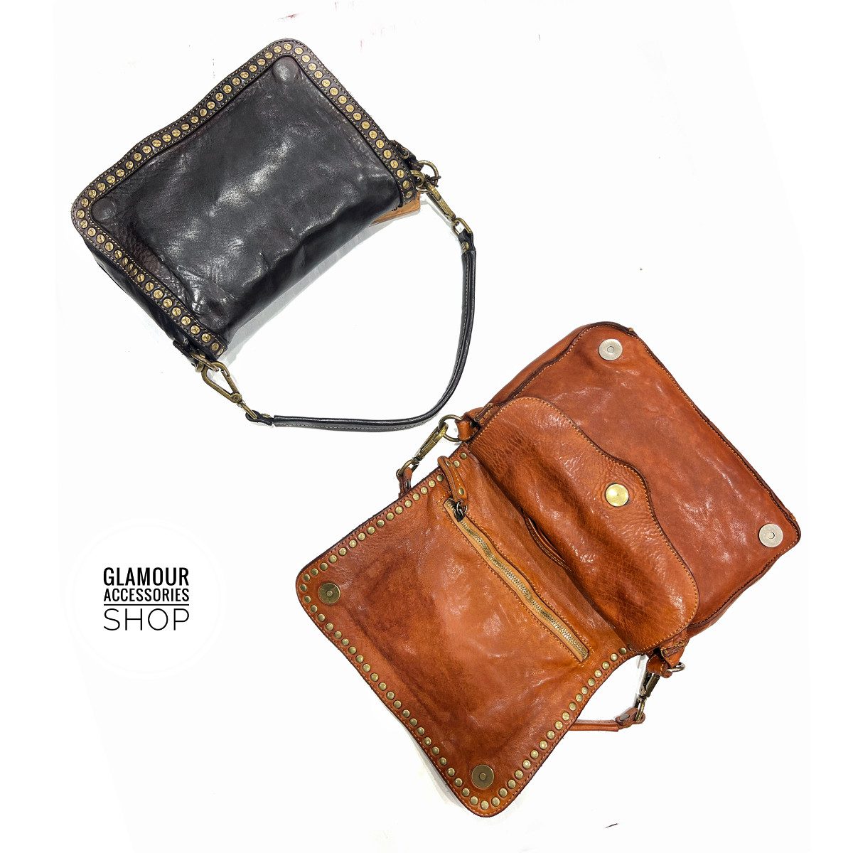 Borsa donna vera pelle cuoio vintage patta frontale con bordo borchiato MADE IN ITALY VALLY
