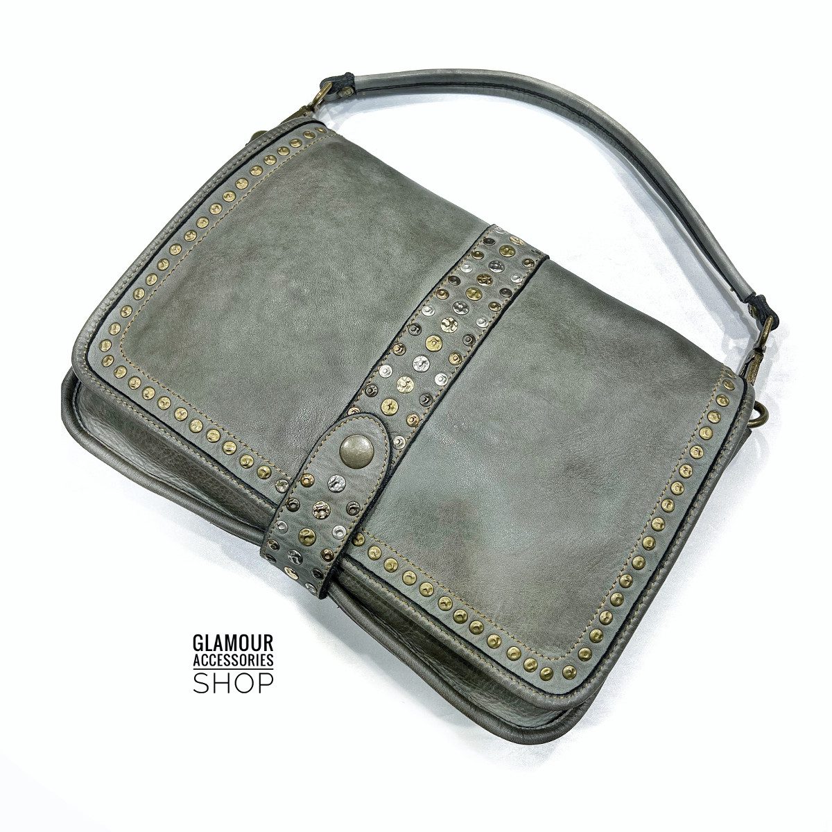 Borsa donna patta borchiata Bayside vera pelle vintage MADE IN ITALY maxi Elody 2 - immagine 15