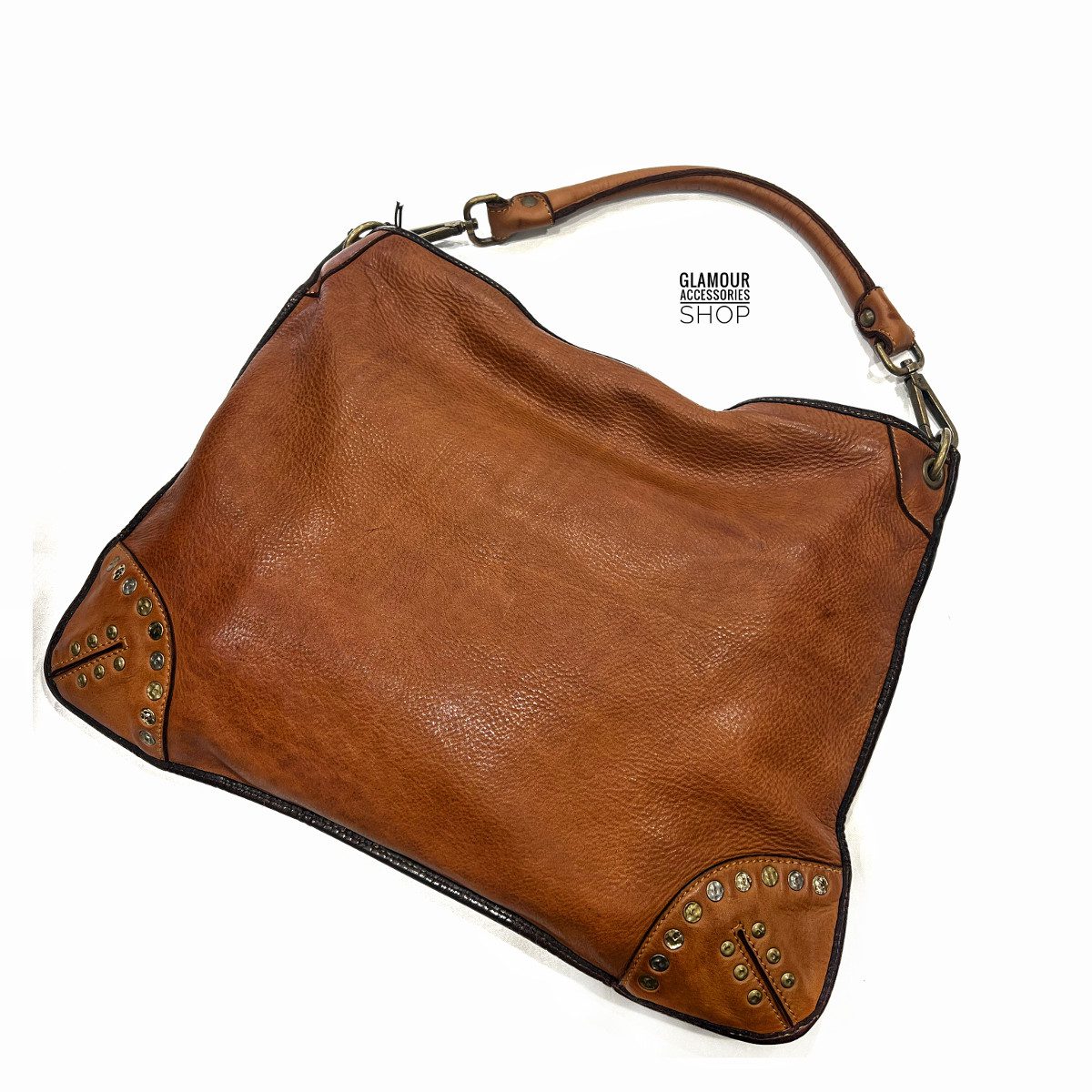 BORSA donna rettangolare vera pelle lavata Bayside borchiata MADE IN ITALY CLEFE