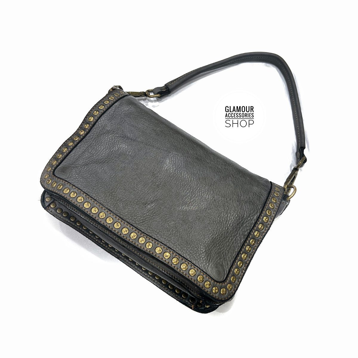Borsa donna vera pelle vintage patta frontale con bordo borchiato MADE IN ITALY - immagine 13