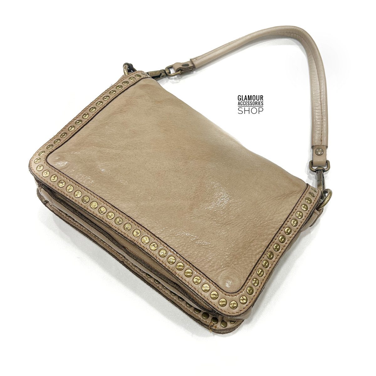 Borsa donna vera pelle vintage patta frontale con bordo borchiato MADE IN ITALY - immagine 14