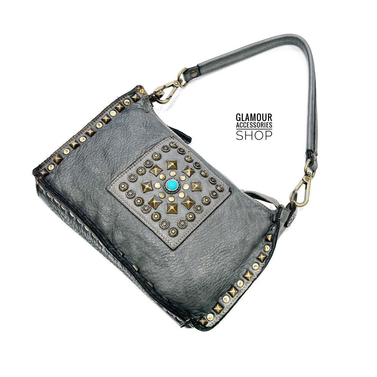 Borsa donna piccola a spalla vera pelle lavata vintage borchiata MADE IN ITALY Conquisty - immagine 2