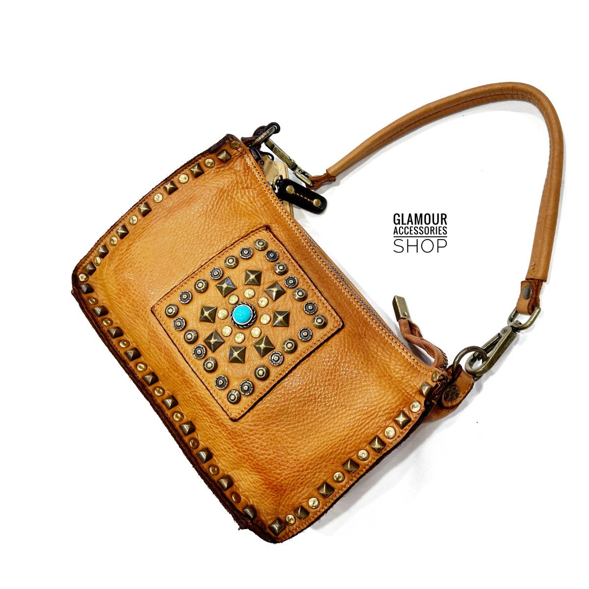 Borsa donna piccola a spalla vera pelle lavata vintage borchiata MADE IN ITALY Conquisty - immagine 3