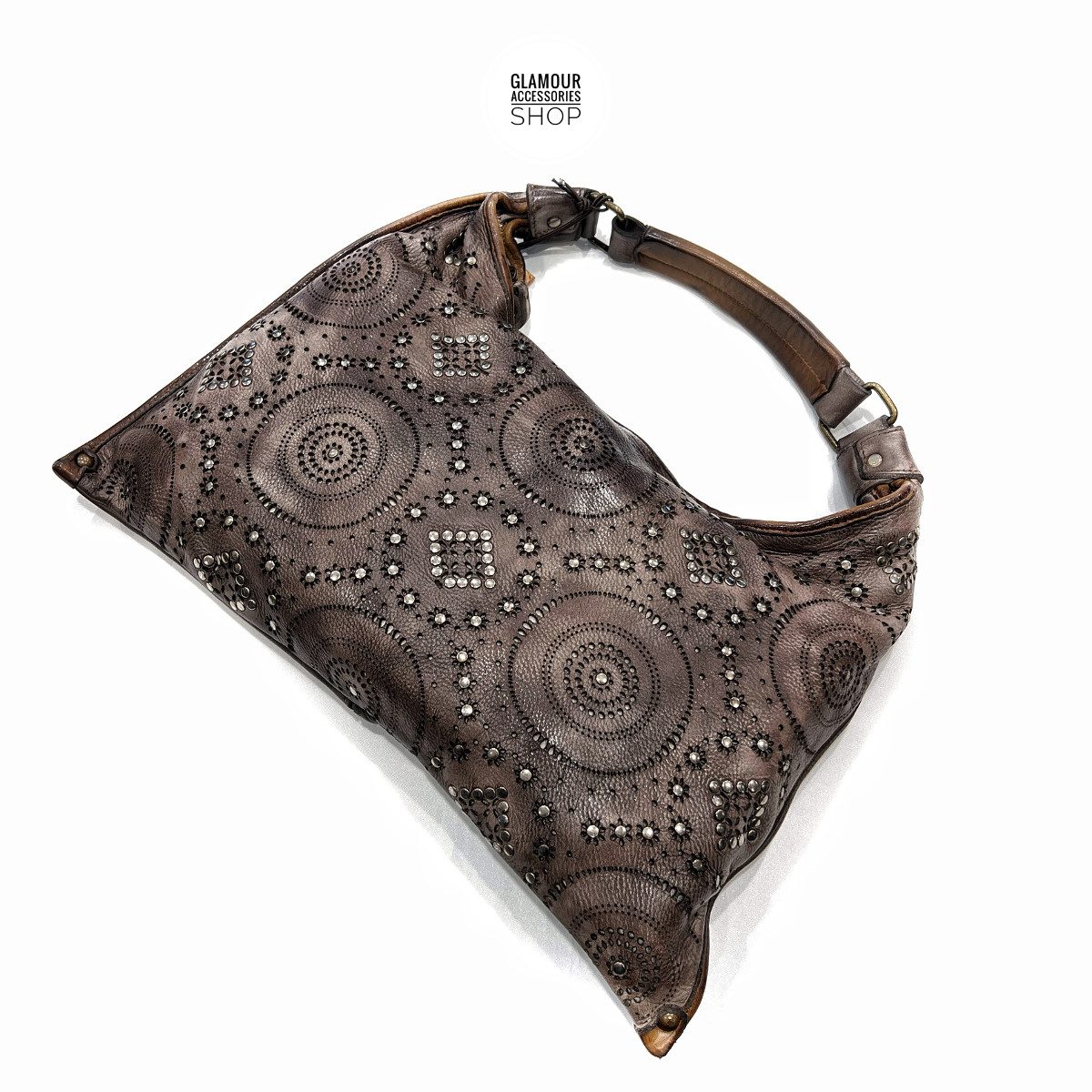 BORSA donna sacca vera pelle borchiata laserata lavata vintage MADE IN ITALY - MOLLY - immagine 4
