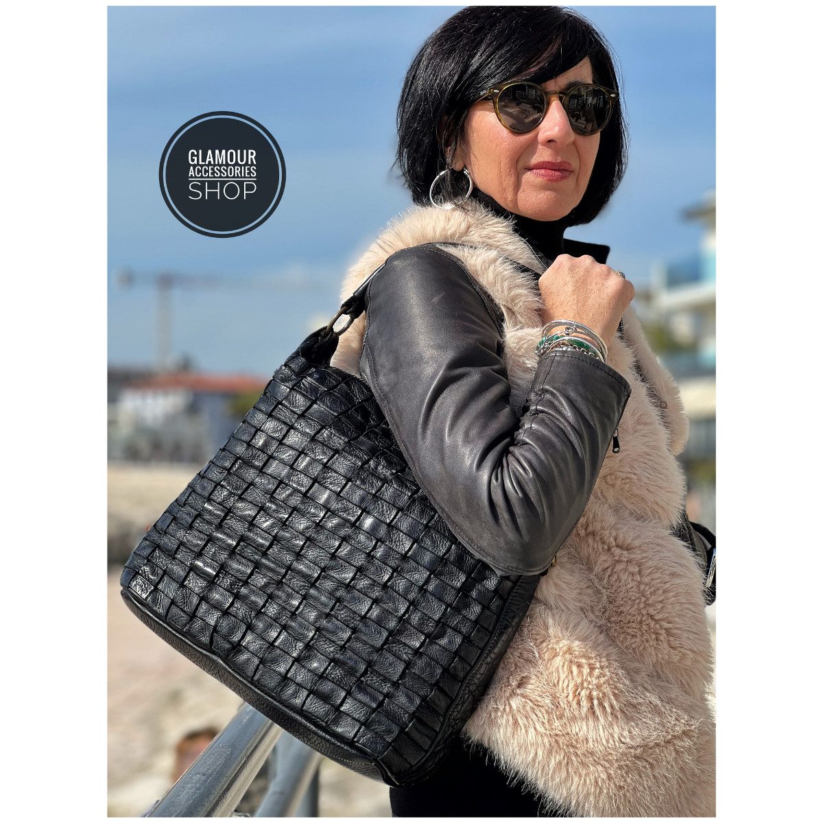 BORSA sacca donna vera pelle intreccio largo MADE IN ITALY Camilla mini