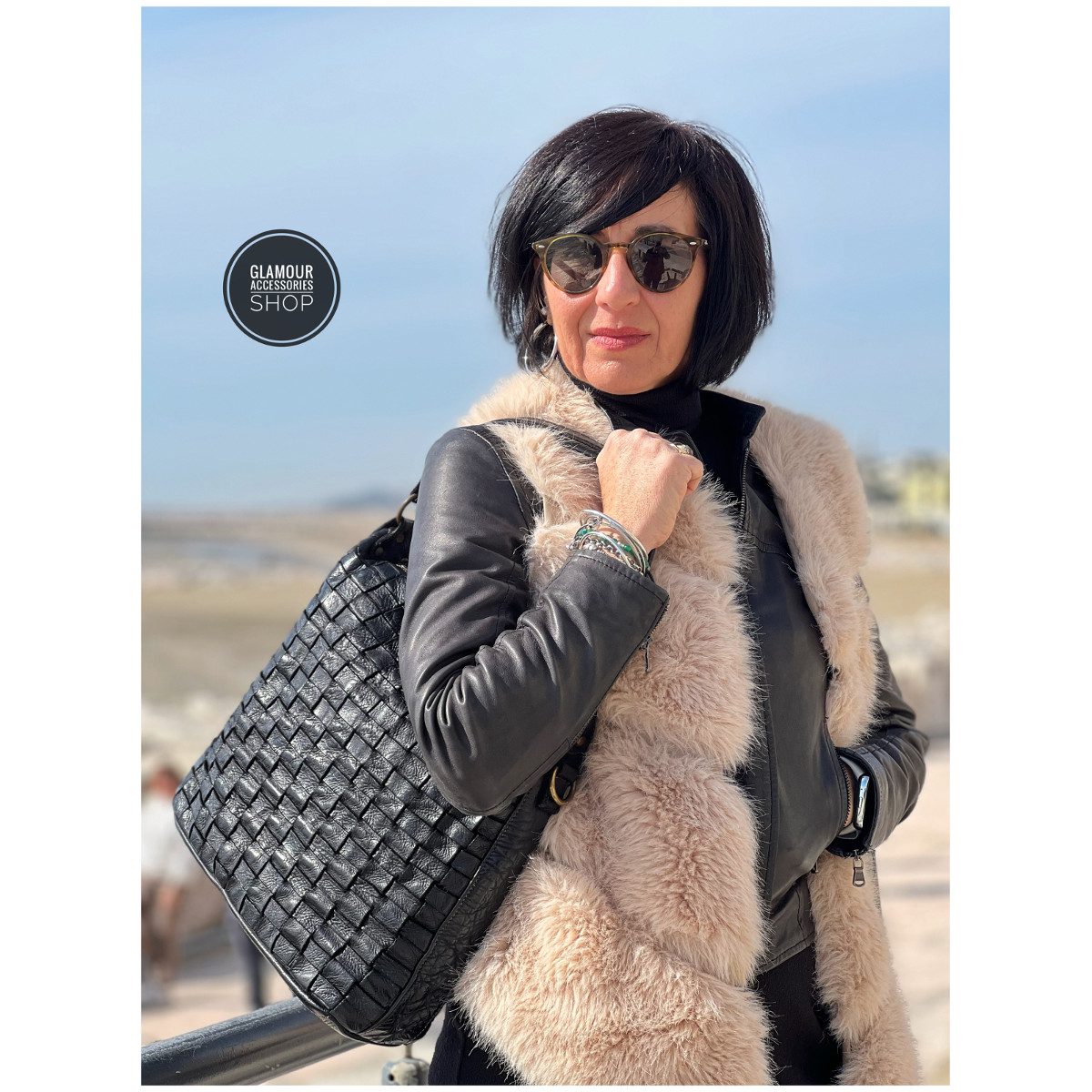 BORSA sacca donna vera pelle intreccio largo MADE IN ITALY Camilla mini - immagine 5