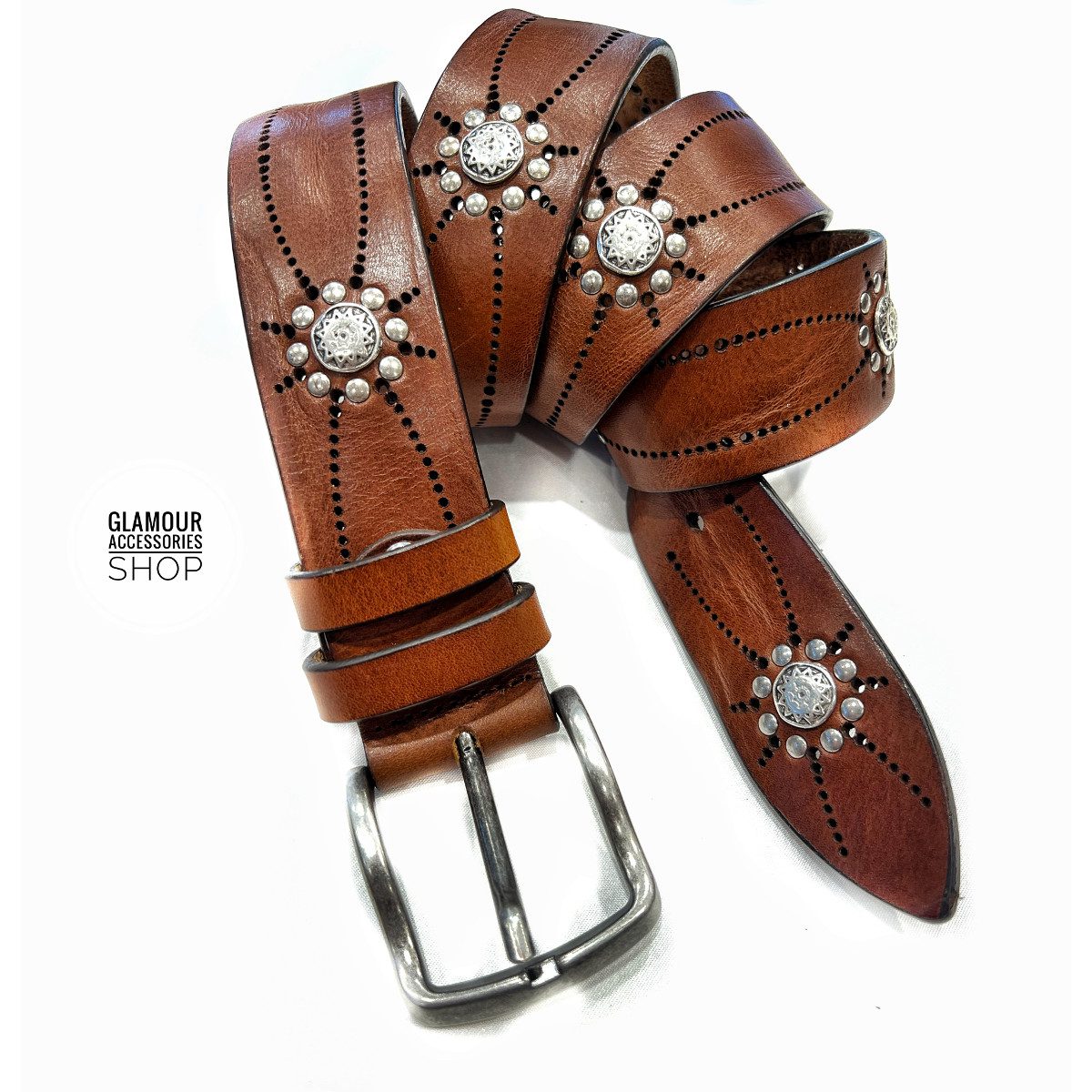 Cintura uomo donna vera pelle vintage laserata borchiata hipster rock made in Italy MORRISON - immagine 5