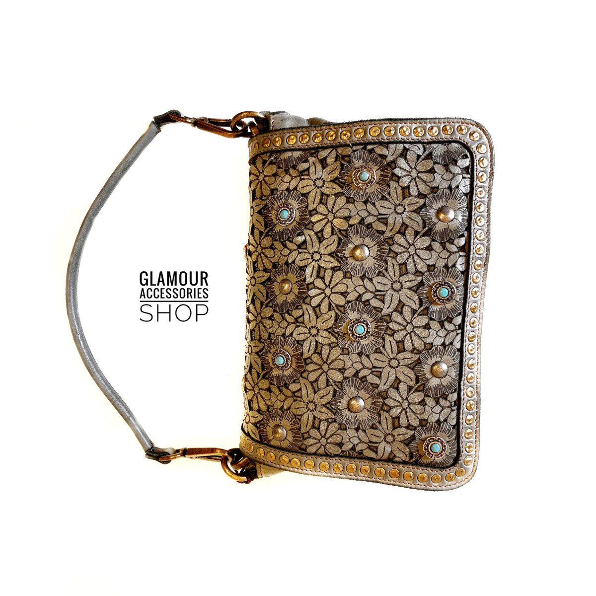 Borsa MADE IN ITALY donna patta frontale pelle laserata borchiata con turchese Camilla - immagine 11