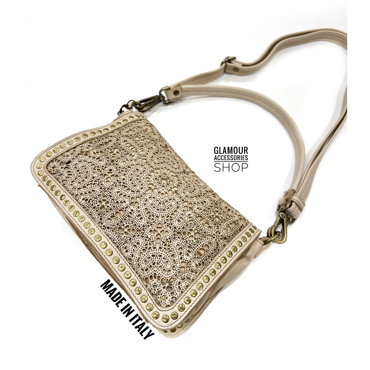 Borsa MADE IN ITALY donna patta frontale vera pelle lavata vintage laserata borchiata Ester - immagine 5
