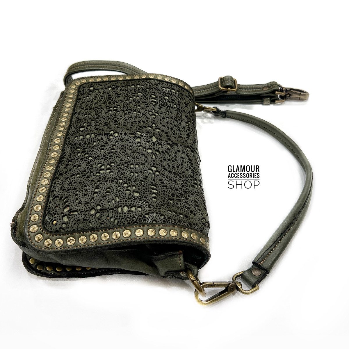 Borsa MADE IN ITALY donna patta frontale vera pelle lavata vintage laserata borchiata Ester - immagine 6