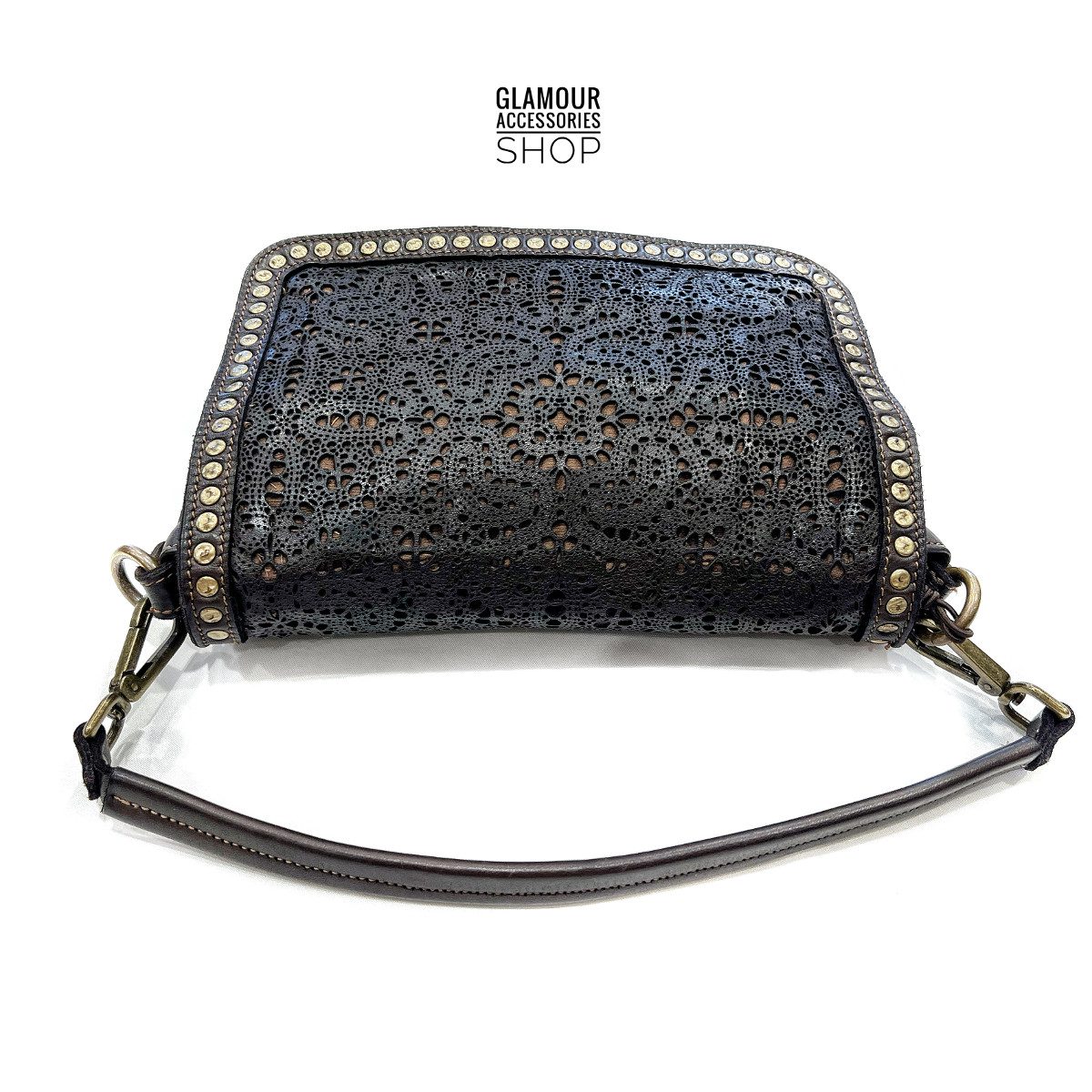 Borsa MADE IN ITALY donna patta frontale vera pelle lavata vintage laserata borchiata Ester - immagine 8