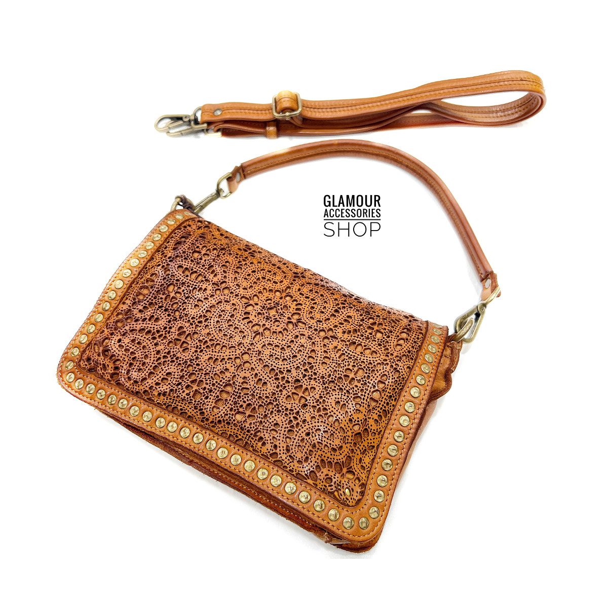 Borsa MADE IN ITALY donna patta frontale vera pelle lavata vintage laserata borchiata Ester - immagine 4