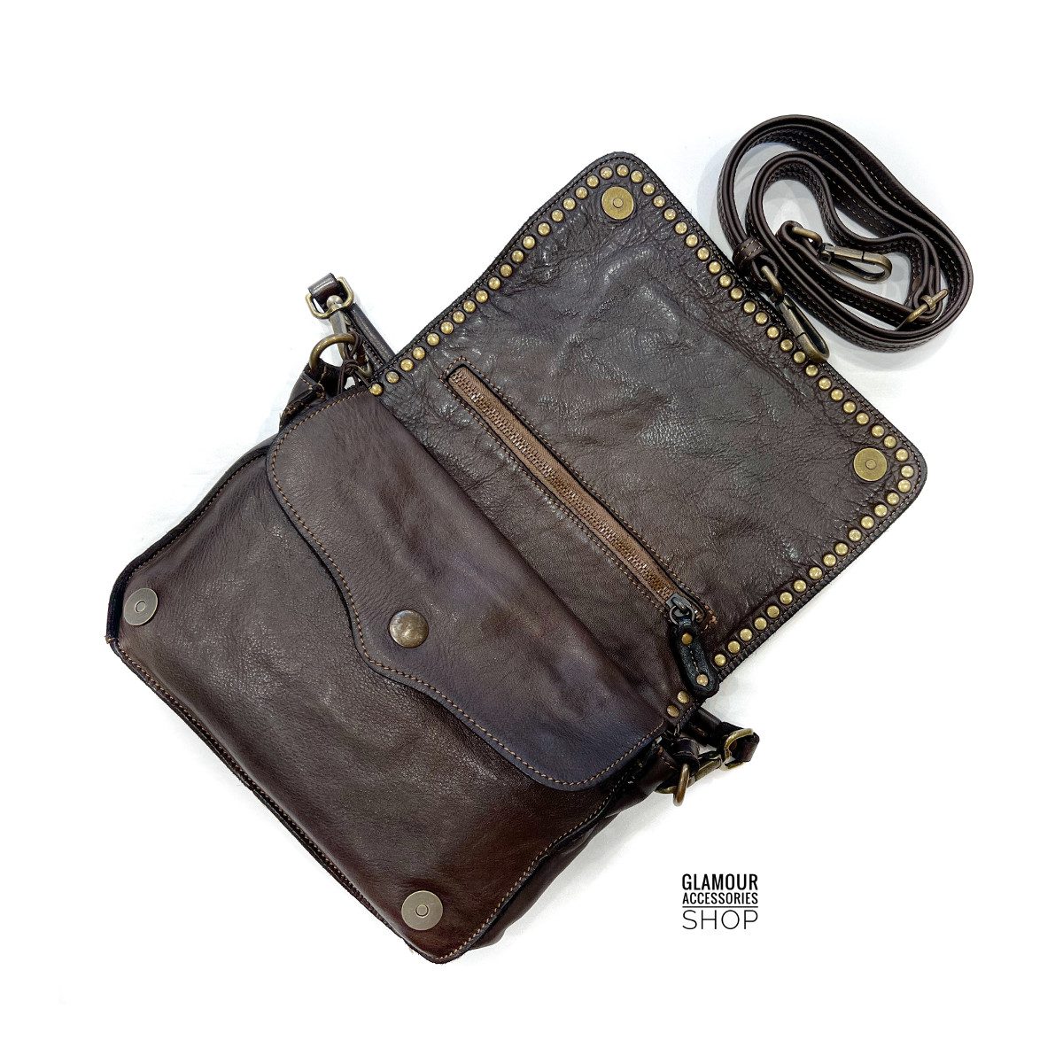 Borsa MADE IN ITALY donna patta frontale vera pelle lavata vintage laserata borchiata Ester - immagine 7