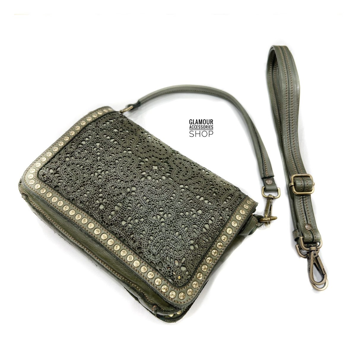 Borsa MADE IN ITALY donna patta frontale vera pelle lavata vintage laserata borchiata Ester - immagine 3