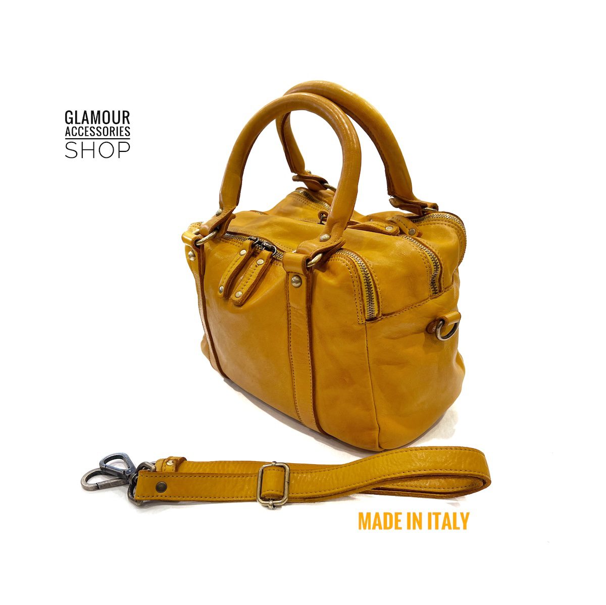 Borsa bauletto donna in vera pelle color senape Made in Italy