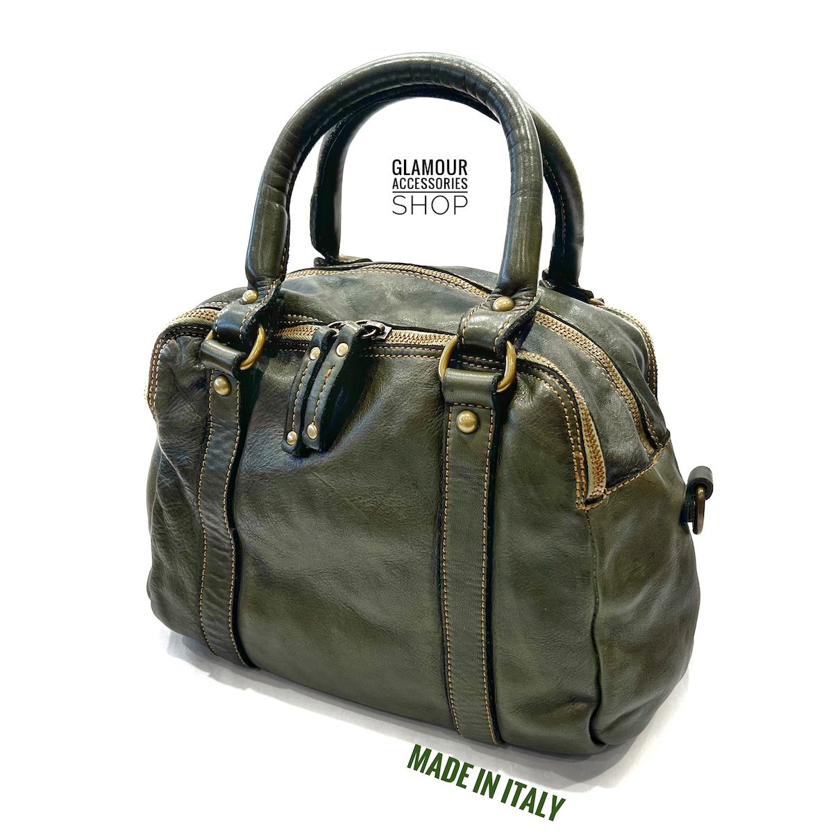 Borsa bauletto donna in vera pelle color VERDE MILITARE Made in Italy