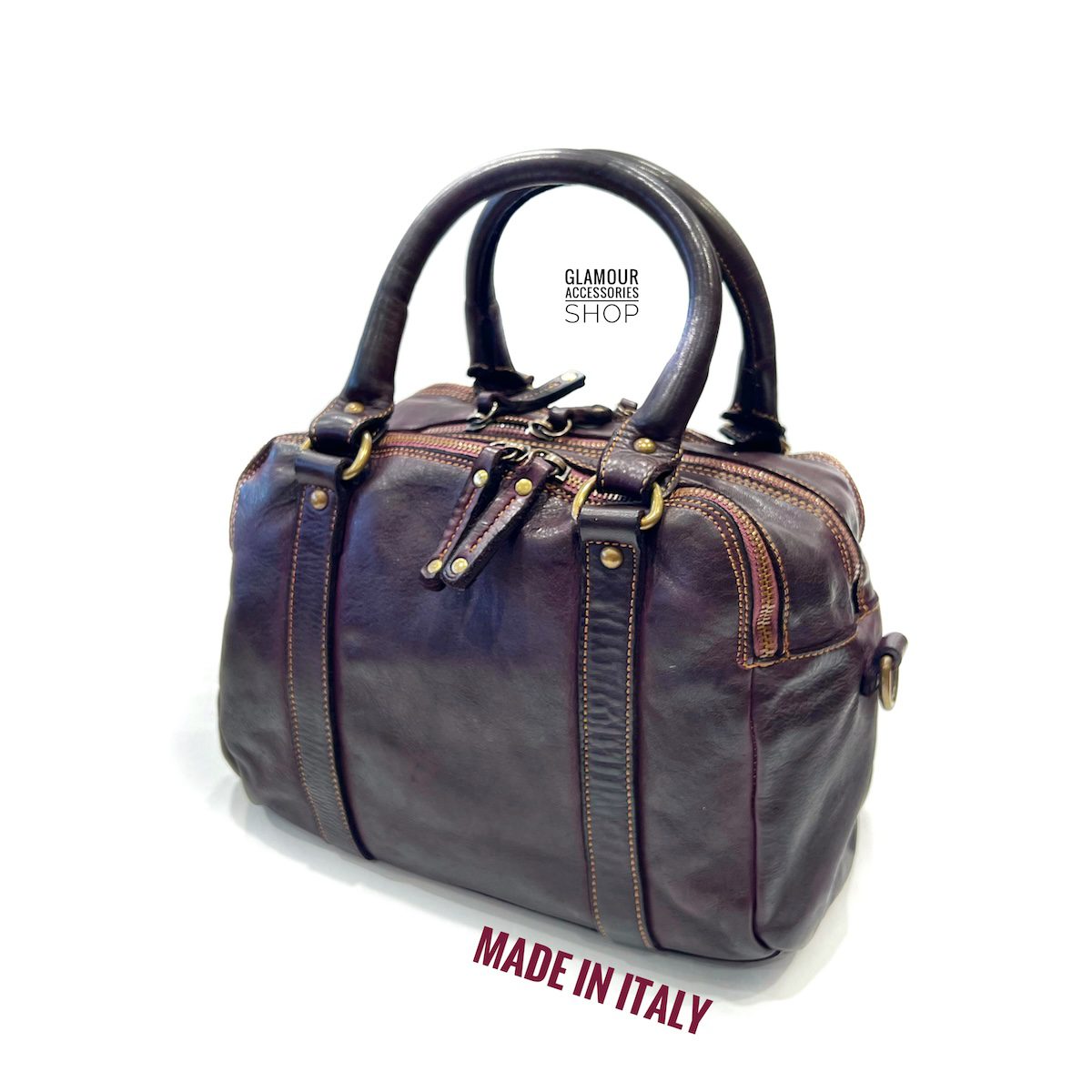 Borsa bauletto donna in vera pelle color melanzana Made in Italy