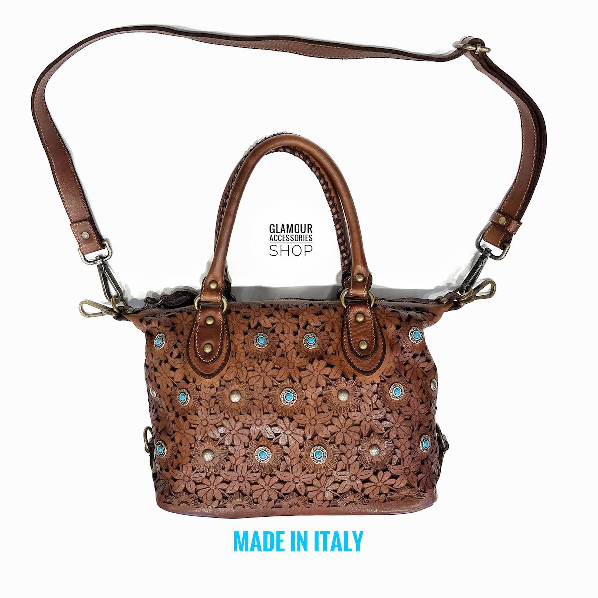 Borsa bauletto donna in vera pelle nera laserata con motivo floreale e dettagli