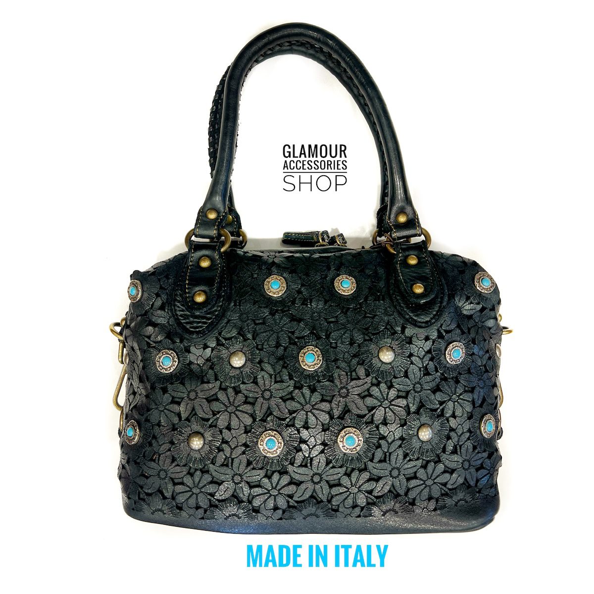 Bauletto donna in vera pelle laserata borchiata nero Made in Italy