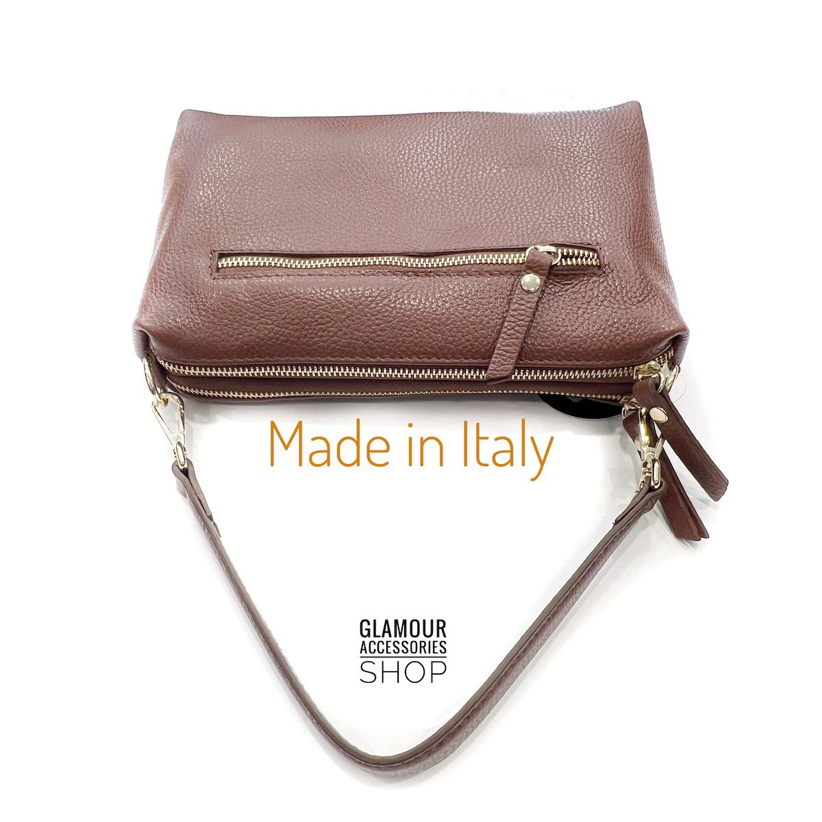 Nives női bagett táska valódi bőrből, Made in Italy, rövid fogantyúval és hosszú, állítható pánttal, sötétbarna színben.