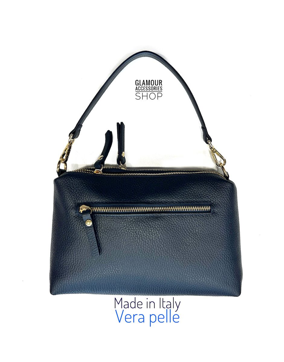 Damen-Baguette-Tasche Nives aus Echtleder Made in Italy mit kurzem Henkel und langem verstellbarem Riemen, Farbe Blau.