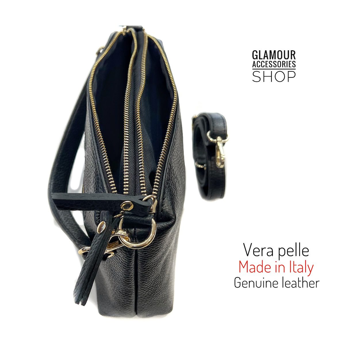Women’s Nives baguette bag in genuine leather, Made in Italy, with short handle and long adjustable strap.