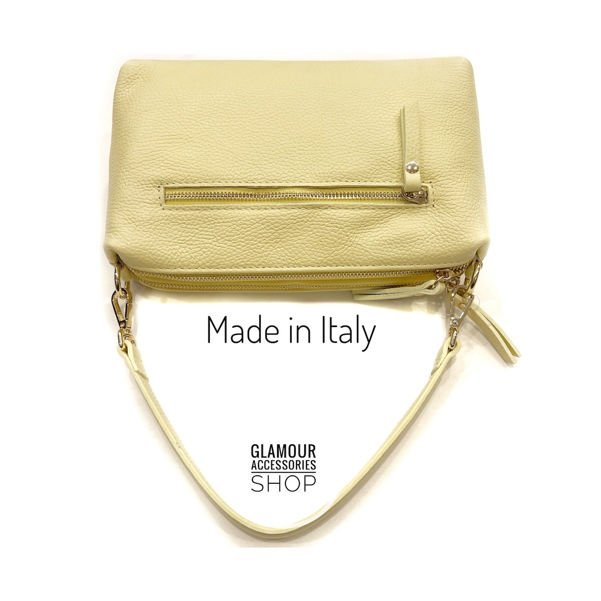 Baguetteväska för kvinnor Nives i äkta läder Made in Italy med kort handtag och långt justerbart band, kanariegul.