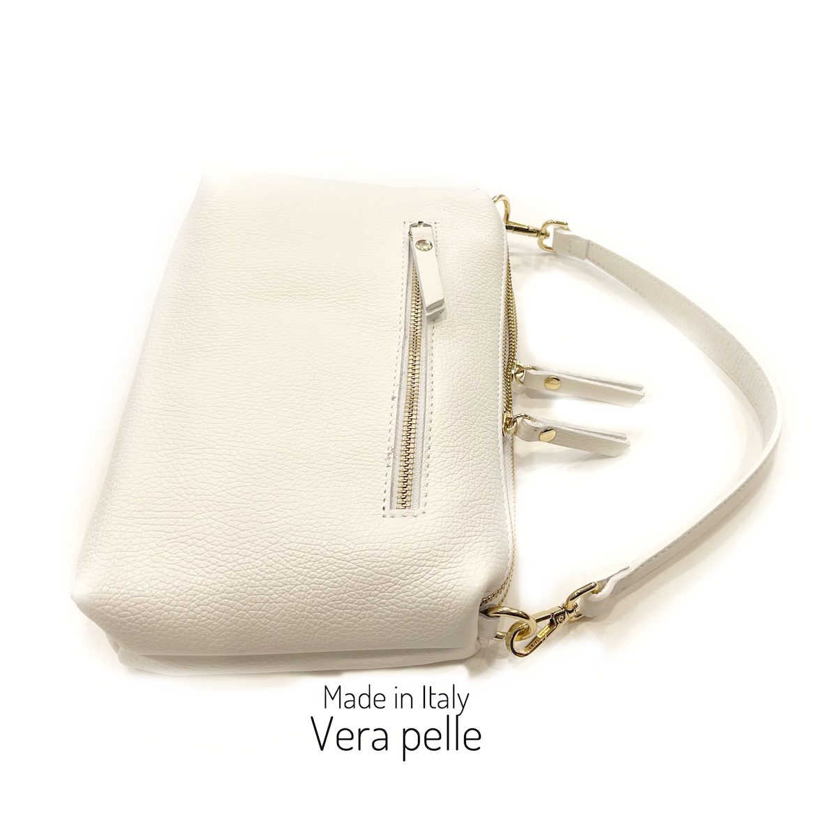 Bolsa baguete feminina Nives em couro legítimo Made in Italy com alça curta e alça longa ajustável, cor branca.