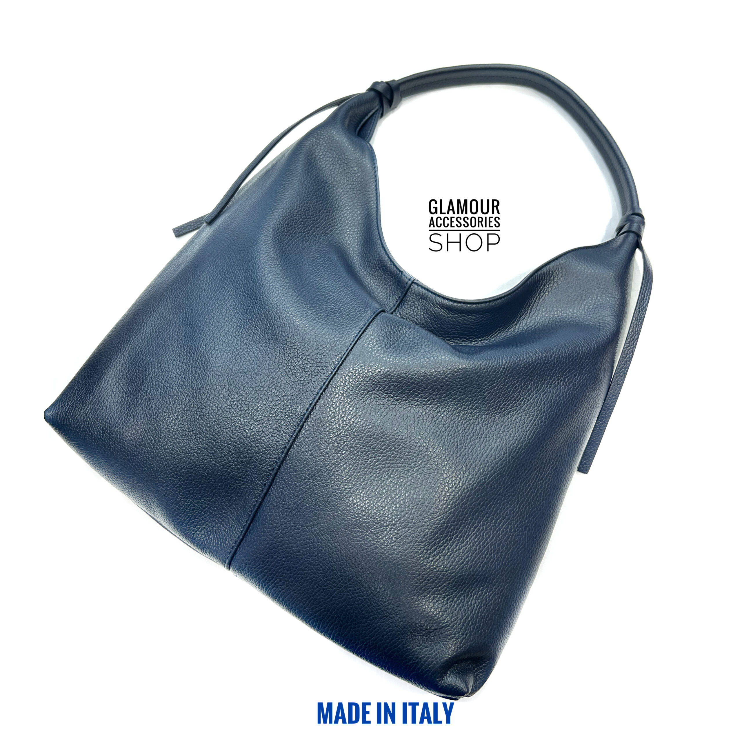 Borsa sacca donna in vera pelle Made in Italy, colore blu, con chiusura zip e dettaglio lacci al manico.