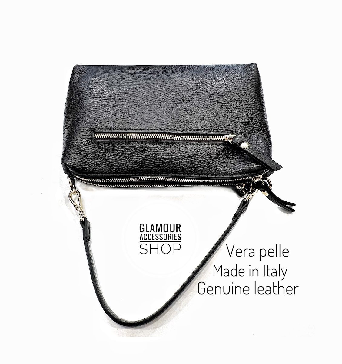 Sac baguette pour femme Nives en cuir véritable Made in Italy avec anse courte et bandoulière longue réglable, coloris noir.