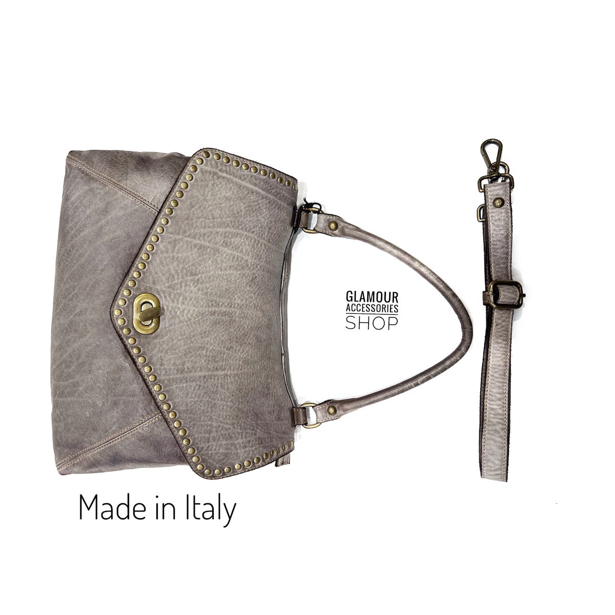Women’s genuine leather bag with studded flap Made in Italy - Grey