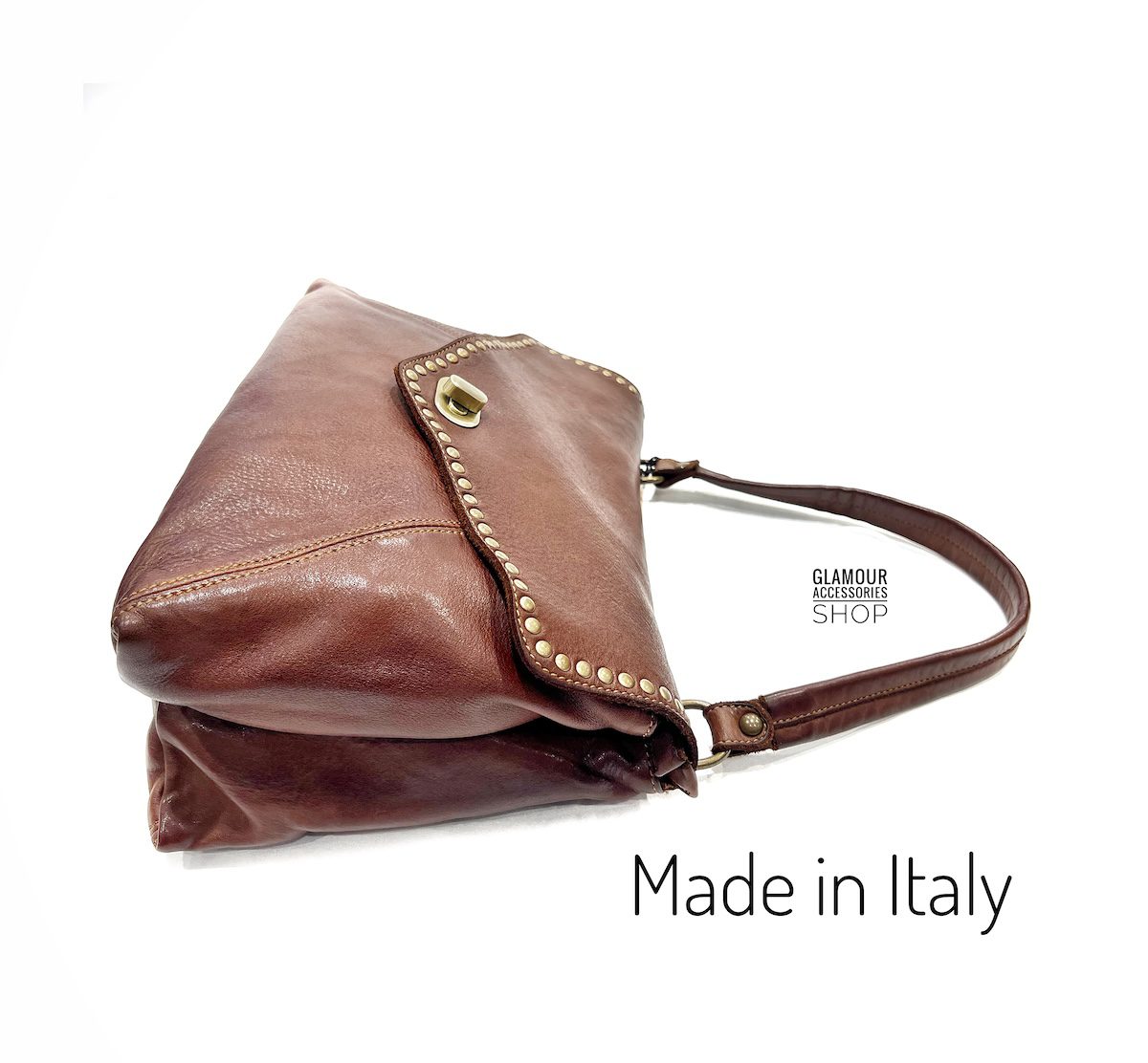 Women’s genuine leather bag with studded flap Made in Italy - dark brown